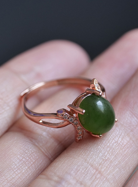 天然和田玉俄料碧玉菠菜绿柔光s925银玫瑰金金镶戒指生日礼物8z