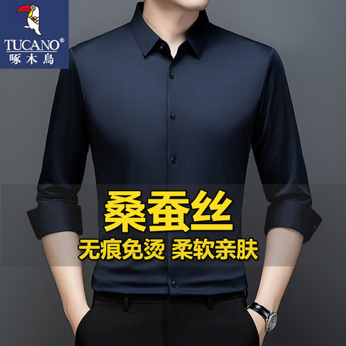 啄木鸟桑蚕丝长袖衬衫男免烫衬衣