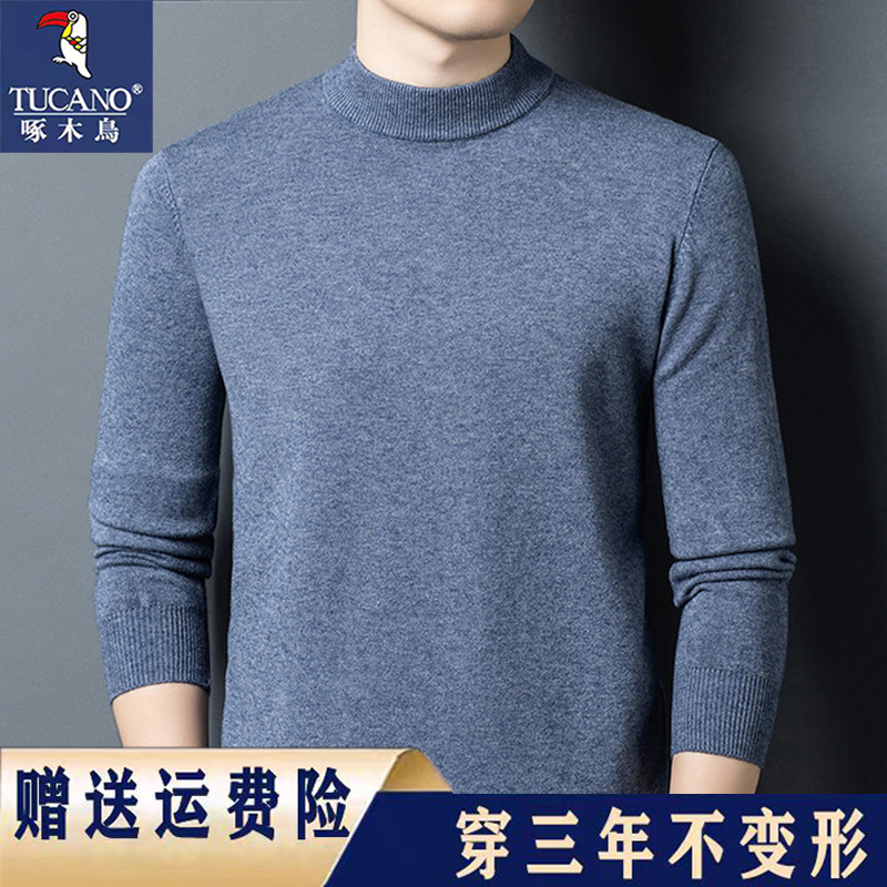 啄木鸟纯羊毛衫男半高领针织毛衣