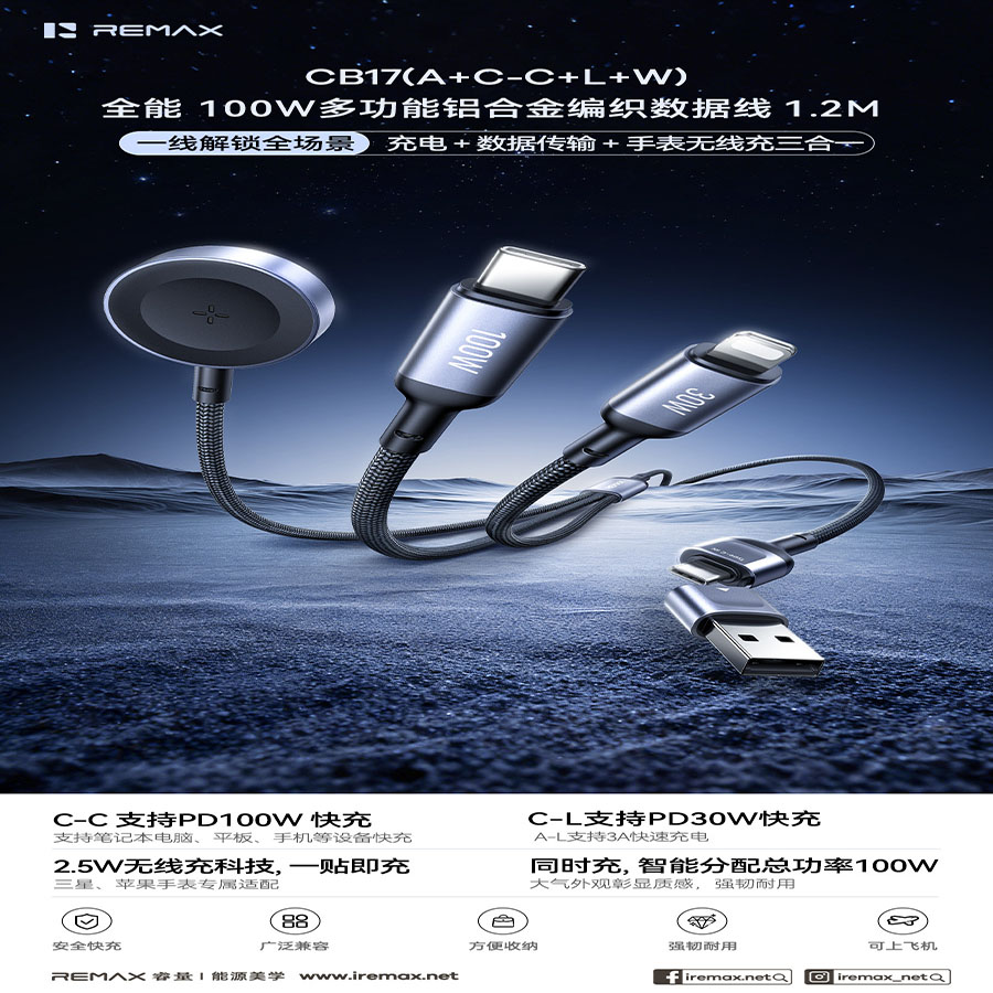 REMAX 睿量全能100W多功能铝合金编织数据线CB17(A+C-C+L+W) 1.2M