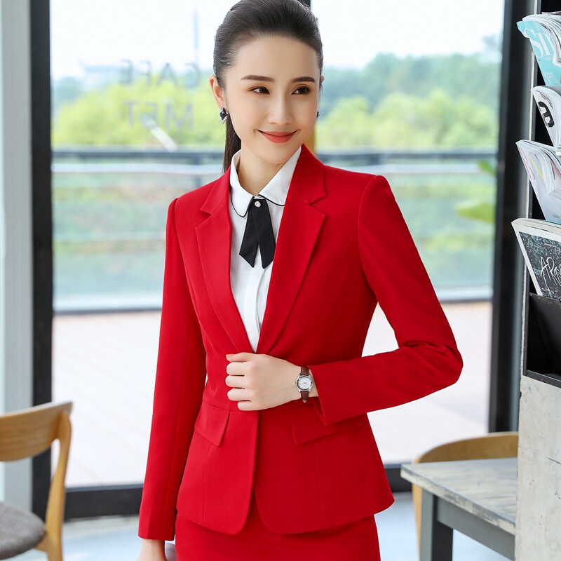大红西装职业套装秋冬三件套气质长袖西服女百搭修身复古花栗鼠瓦