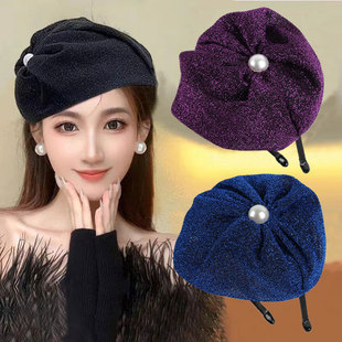 侧边纱料半帽甜美贵族礼帽蝴蝶结发箍宽边小帽子头箍时尚复古饰品