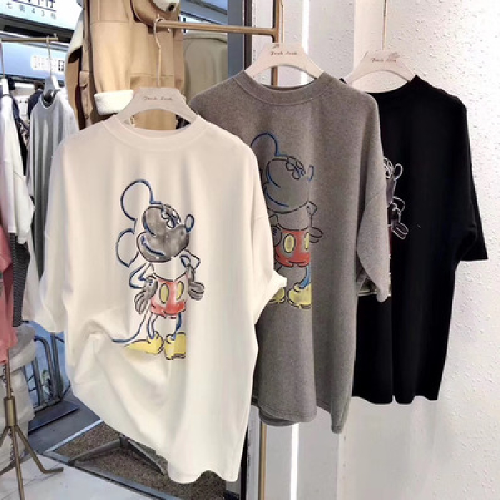 Double mill East Gate Korean casual loose round neck Mickey cartoon pattern short sleeve