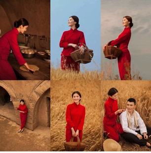 演出服装九儿女村姑陕北衣服成人儿红色棉麻小品同款拍照民族