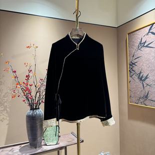 【中先森】 高定新款拼接斜襟高级感纯色桑蚕丝丝绒立领上衣  691