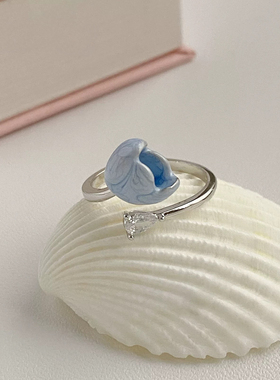 新中式蓝色滴油郁金香指环立体百搭镶锆石小众设计开口戒指食指戒