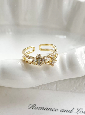 复古双层滴油锆石花朵戒指女百搭可调节食指戒轻奢时尚设计感手饰