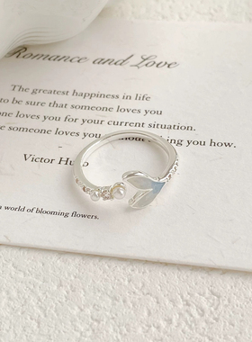 夏日海洋蓝色星月鱼尾开口戒指可调节珍珠戒指度假风甜美百搭手饰