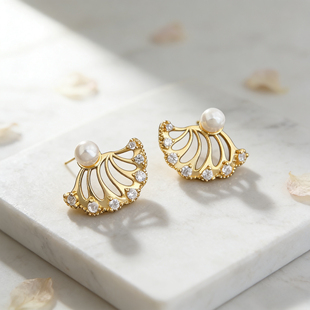 【枫丹白露】镀18K真金镂空裙摆锆石珍珠耳钉简约高级感轻奢耳饰