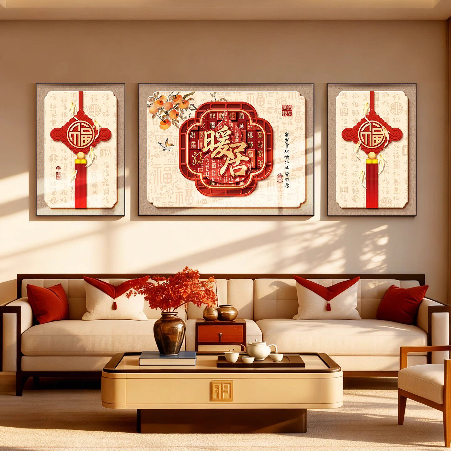 新中式福字装饰画挂画背景墙高级感客厅三联画温馨沙发风好寓意