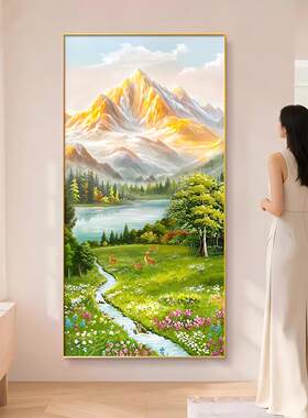 山水装饰画日照金山玄关挂画流水生财入户正对门客厅走廊过道壁画