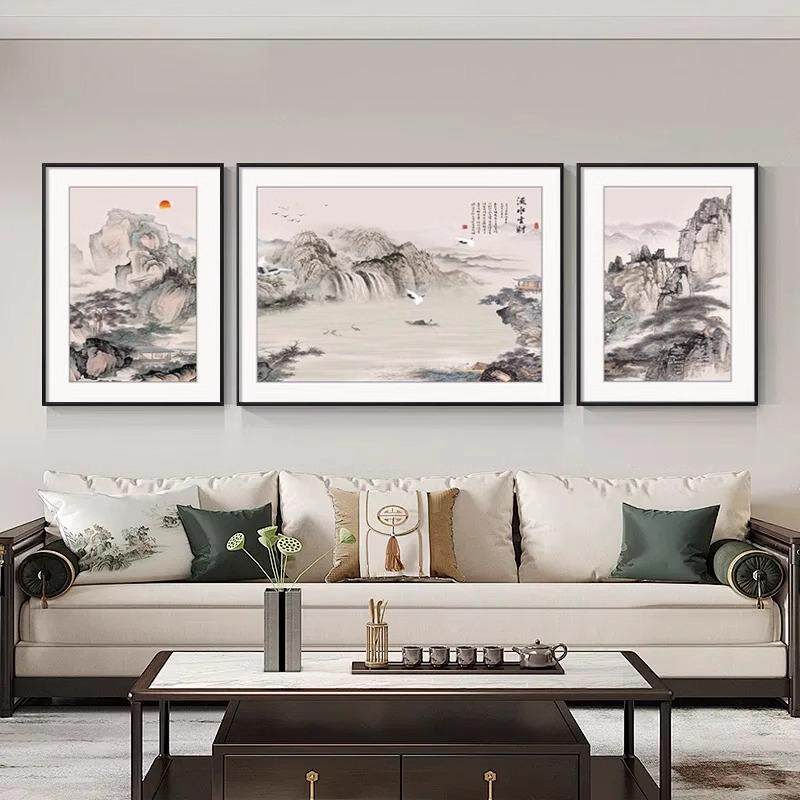 流水生财客厅办公室装饰画水墨山水画壁画沙发背景墙三联挂画大气