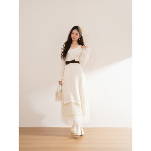 韩系秋冬千金风气质优雅白色假两件连衣裙子+内衬加长纱裙两件套