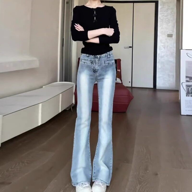 水洗复古微喇牛仔裤女春秋2025新款高腰修身马蹄裤窄版直筒喇叭裤