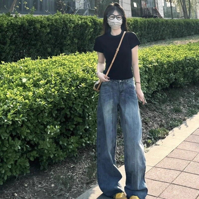 175高个子加长复古高街阔腿牛仔裤女高腰宽松显瘦垂感拖地弯刀裤