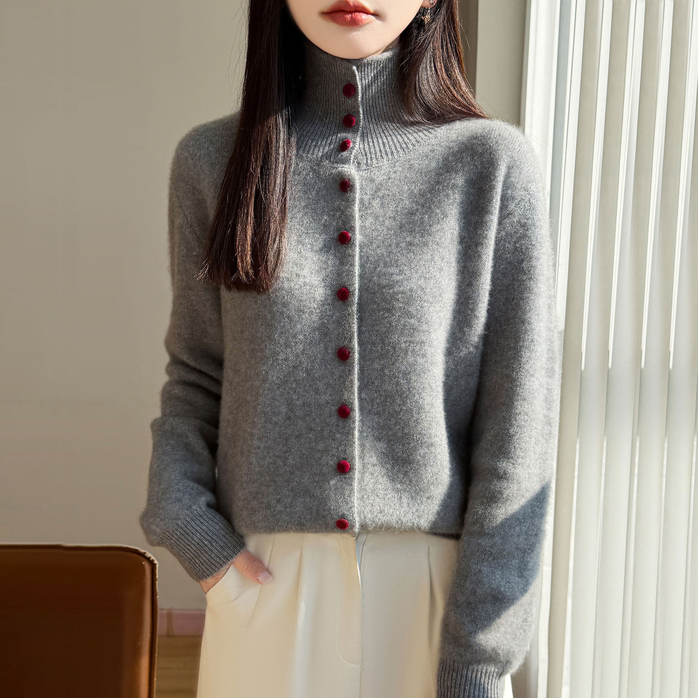 纯色百搭高领羊毛针织开衫外套女秋冬新款时尚宽松显瘦毛衣外搭衫,女装/女士精品,毛衣,淘宝优惠券,粉丝福利购,淘宝优惠卷