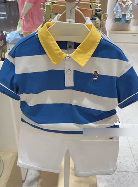小熊童装男童夏季短袖T恤翻领条纹polo衫拼色休闲TKHA232407A