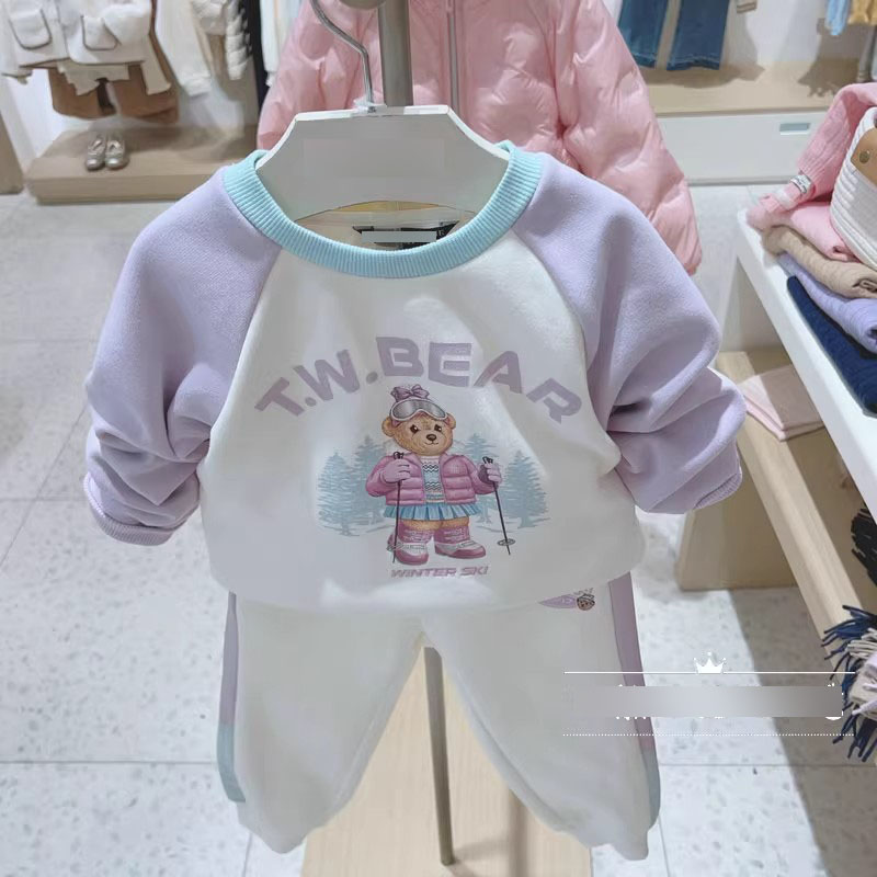 2024小熊秋冬新款女童甜美撞色套头加绒卫衣卫裤套装TKMW244T55K