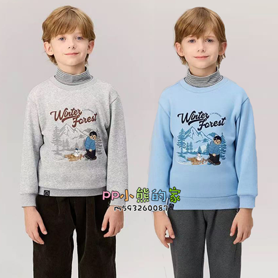 2025冬季卡通印花加绒卫衣男童休闲高领套头衫假两件TKMW254V02K