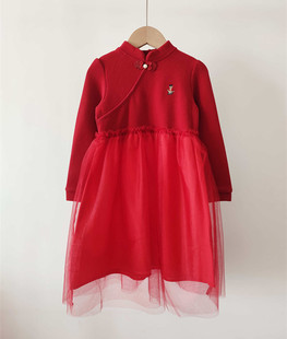 23秋冬季 女童加薄绒针织拼接连衣裙国风盘扣过年新衣TTOK241151B