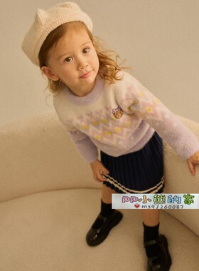 现货冬季新款女童水貂绒复古格子提花套头毛衣T0KW228T54N