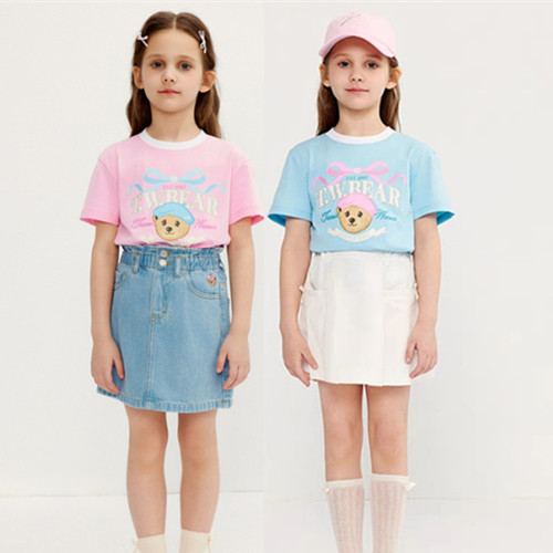 2025夏季新款女童短袖T恤小熊圆领休闲百搭上衣中大童TKRW256442H