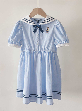 2024夏季新款女童海军领短袖连衣裙条纹卡通小熊TTOWE2421K