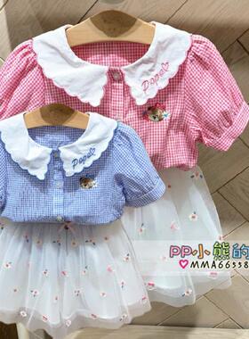 现货夏季新款女童翻领格子短袖纯棉衬衫娃娃领PCBAB2442S