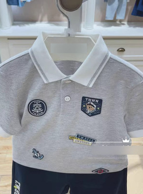 2024夏季新款男童帅气休闲短袖T恤翻领polo衫纯棉灰色TKHA24M401R