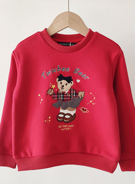 2023秋冬季女童加绒圆领红色卫衣休闲卡通小熊上衣TTMW234V56A