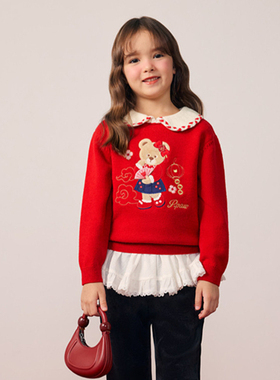 2025秋冬季娃娃领毛衣女童红色长袖可爱针织上衣PCKAG1121T