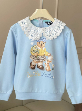 2024女童秋款中大童上衣蕾丝花边翻领套头毛圈卫衣HBLL24-3-6