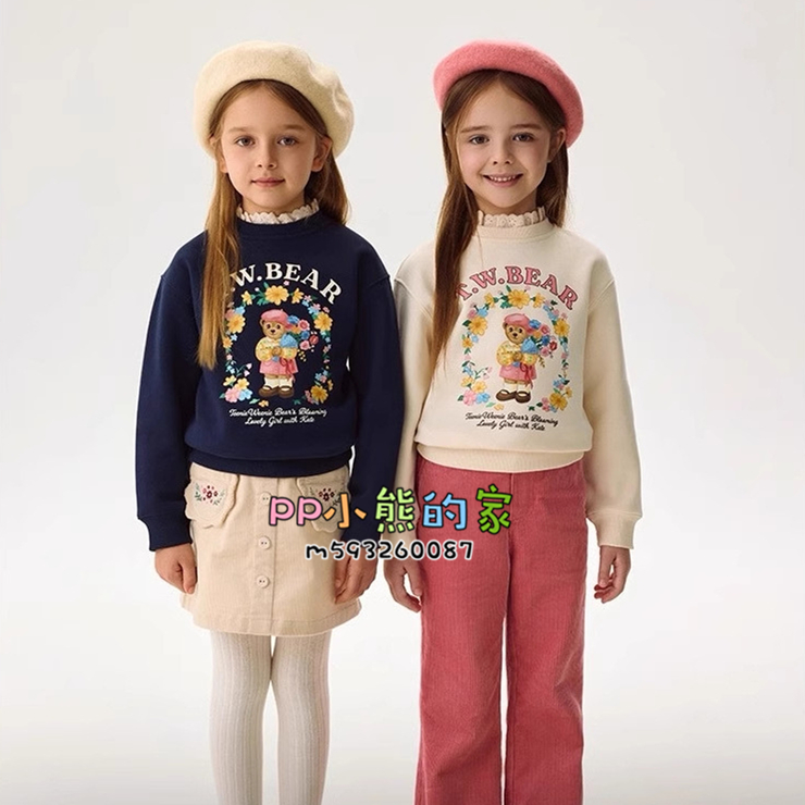 现货2025秋冬新款小熊女童休闲加绒保暖卫衣蕾丝花边岭中大童绒衫