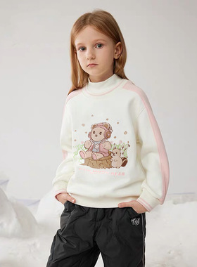 2024秋冬季小熊童装女童刺绣半高领加绒套头MN卫衣拼色MW244V52A