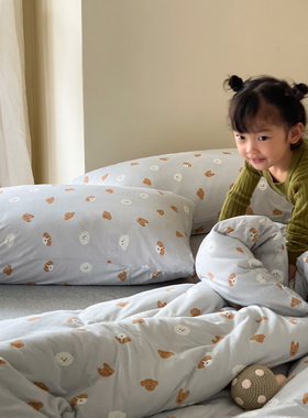 可爱灰色狗狗天竺棉床上四件套a类全棉纯棉柔软针织裸睡被套床笠