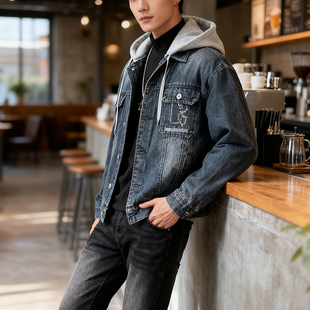 青年休闲加绒外套 卫衣连帽假两件潮牌时尚 牛仔夹克男士 25秋冬新款