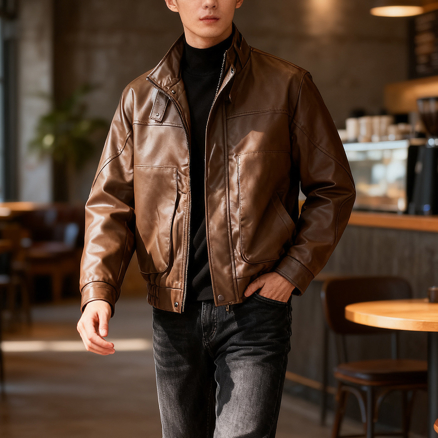 2025轻奢简约复古男士棕色皮衣夹克立领秋冬机车时尚痞帅加绒外套