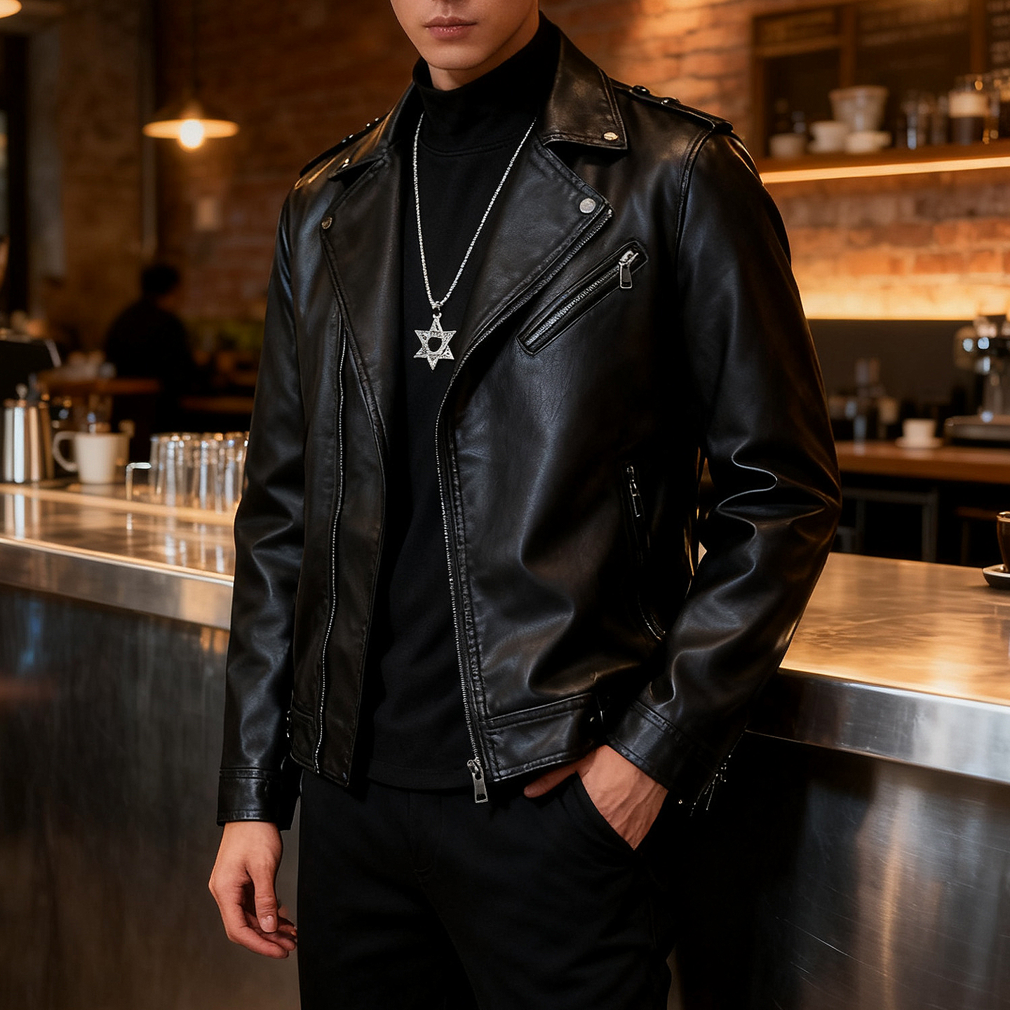 皮衣外套男加绒加厚秋冬翻领拉链皮衣美式夹克外套时尚机车上衣潮