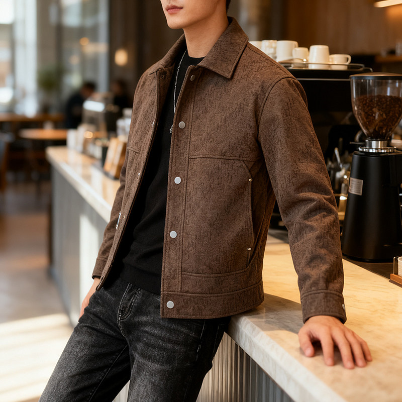 2025潮牌新款加厚夹克男冬季加绒保暖高级感商务休闲印花呢子外套