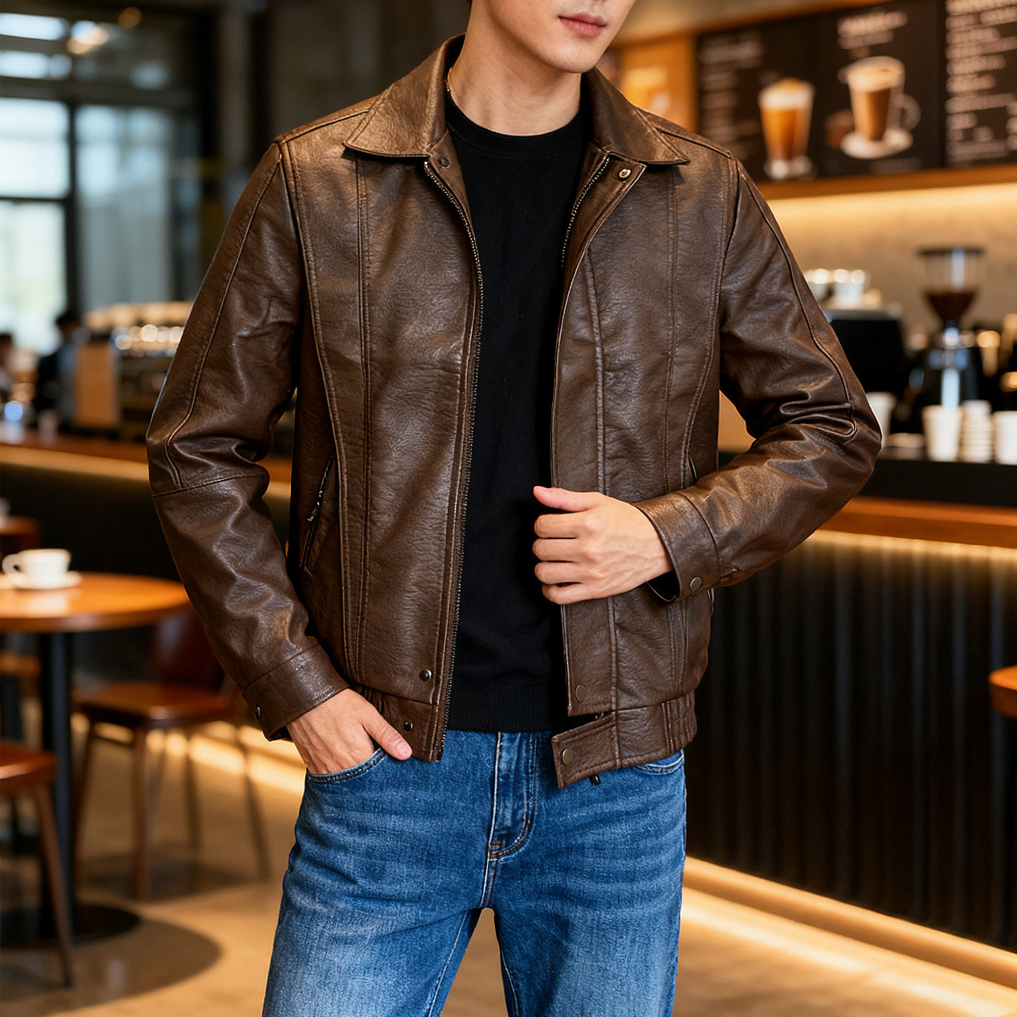 棕色翻领短款皮衣男士美式复古高级感痞帅秋冬潮牌机车服夹克外套