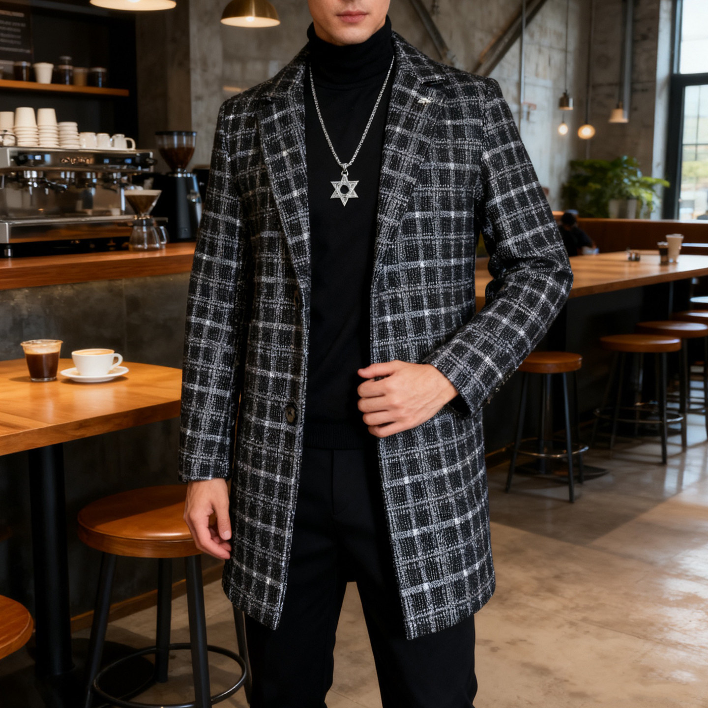 韩版高级感呢子大衣男秋冬中长款英伦风时尚格子加厚百搭风衣外套