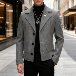 男士 休闲青年潮流高端韩版 夹克翻领上衣外套 毛呢大衣时尚 秋冬短款