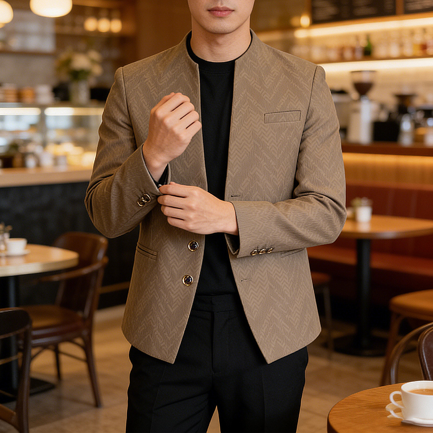 新款春秋季中山装立领西服男士韩版休闲痞帅时尚提花修身西装外套