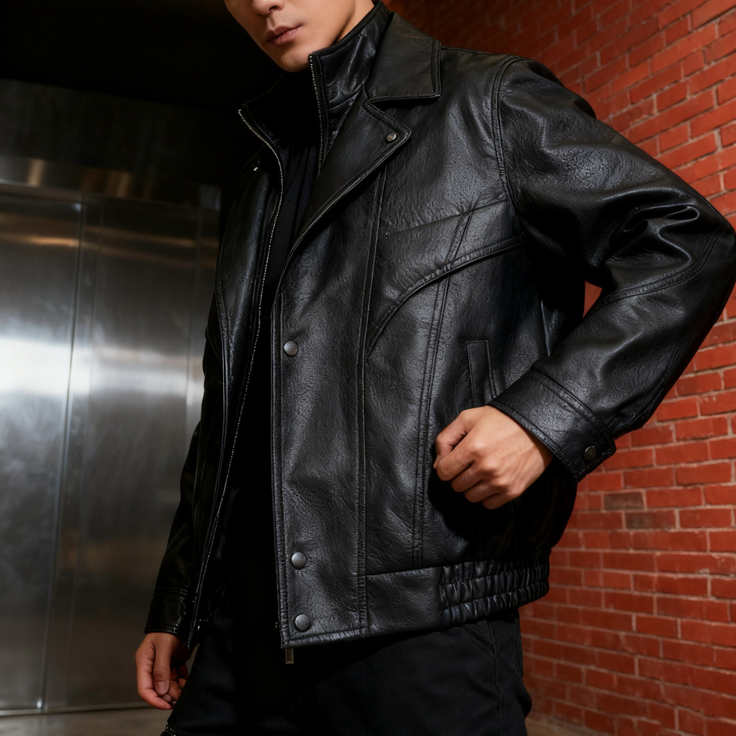 新款休闲修身黑色PU皮秋冬季