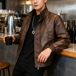 男装 复古新款 机车修身 短款 立领皮夹克 皮衣外套男士 时尚 高级感美式