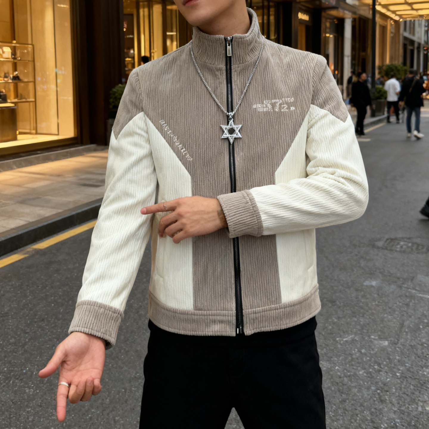 秋冬季男装立领夹克新款灯芯绒加厚休闲时尚修身百搭青年上衣冬装