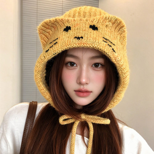 可爱小猫耳朵针织毛线帽女秋冬季甜美百搭显脸小保暖护耳包头帽子