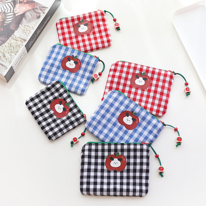 韩版学生苹果格子小钱包方形便携随身小包可爱迷你拉链卡包零钱包