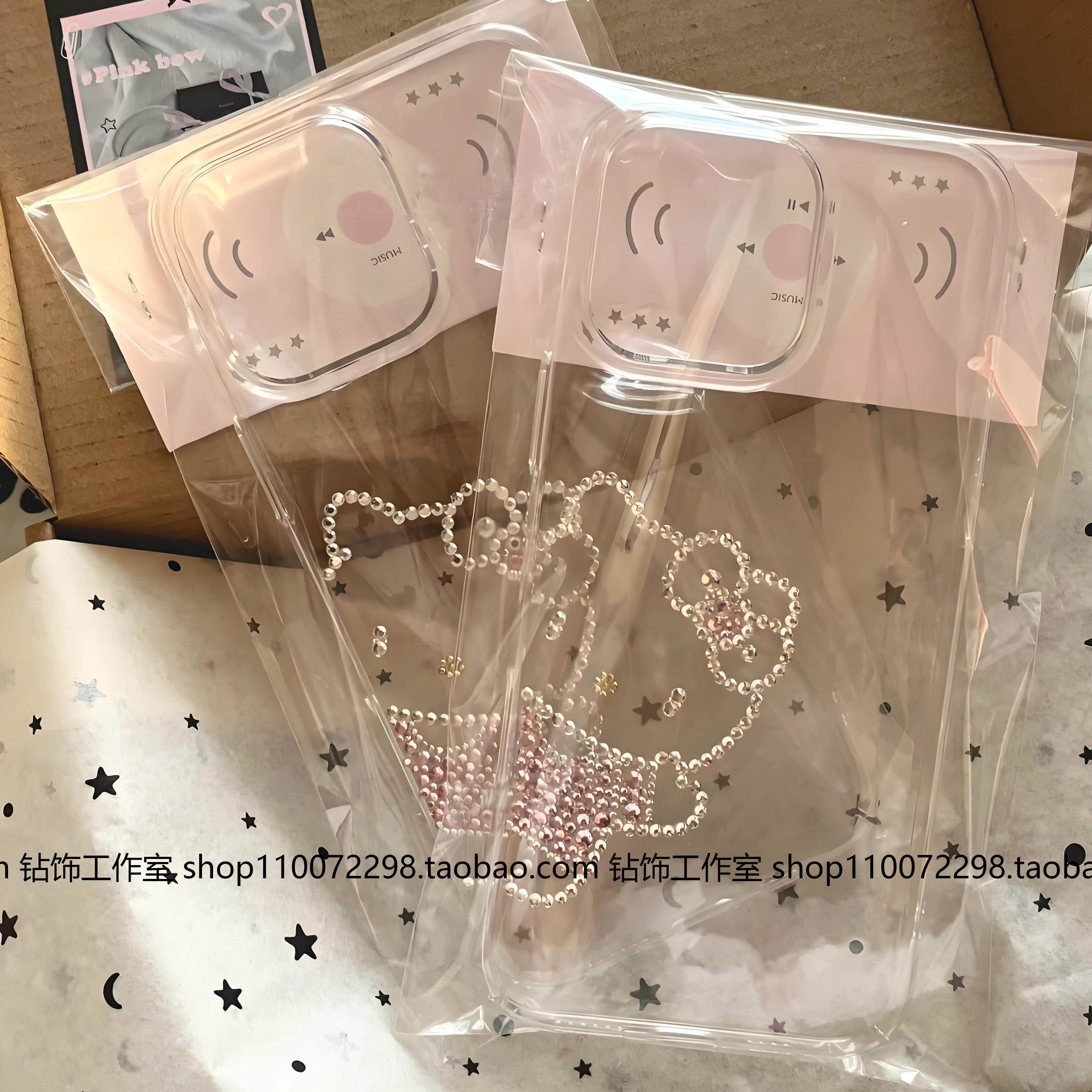 蝴蝶结镶贴钻16promax手机壳可爱适用苹果15plus卡通kt猫iPhone14简约13mini带钻石保护套闪爆款1