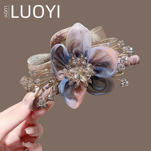 2025新款超仙网纱水晶花朵抓夹韩版气质后脑勺盘发大号鲨鱼夹女